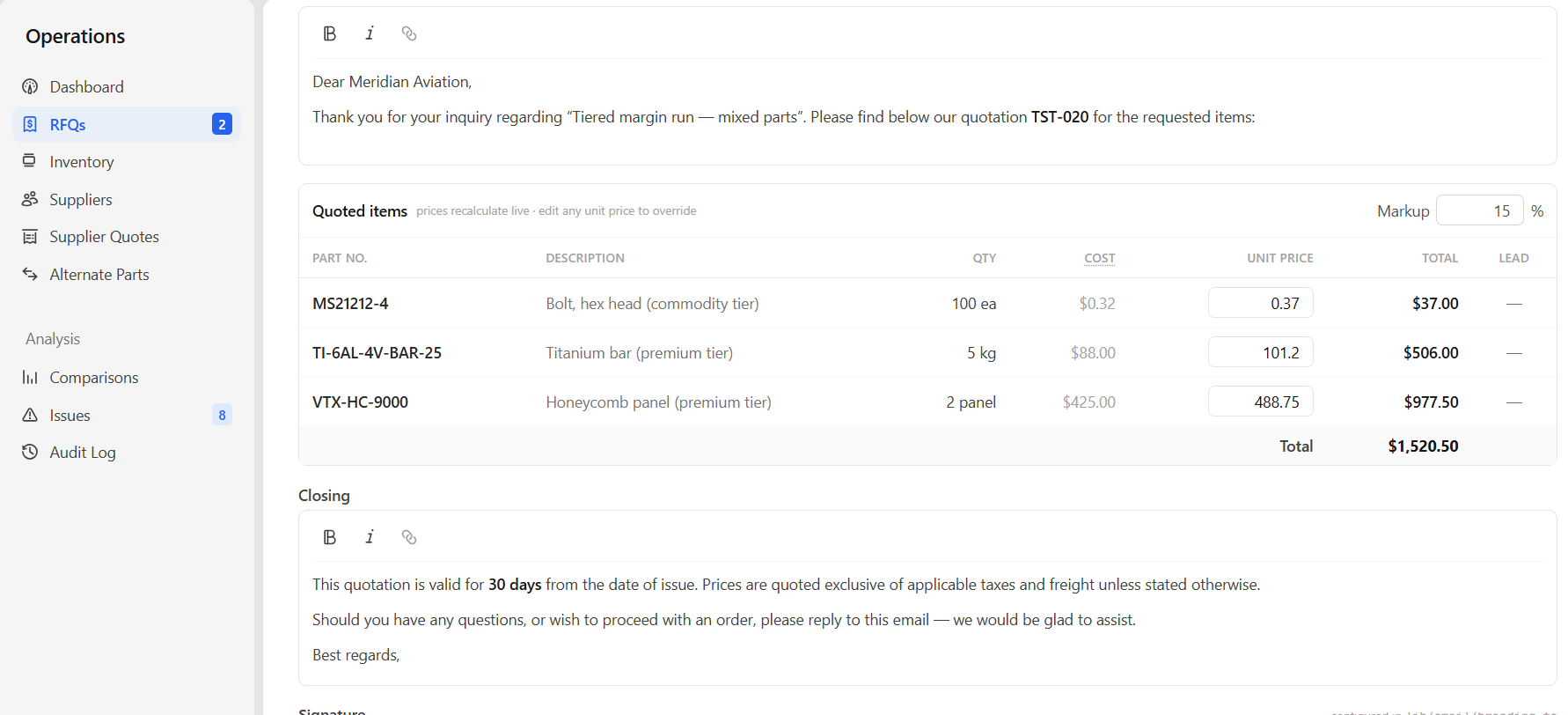 Quoted items pricing matrix with live 15% markup recalculation for aviation hardware