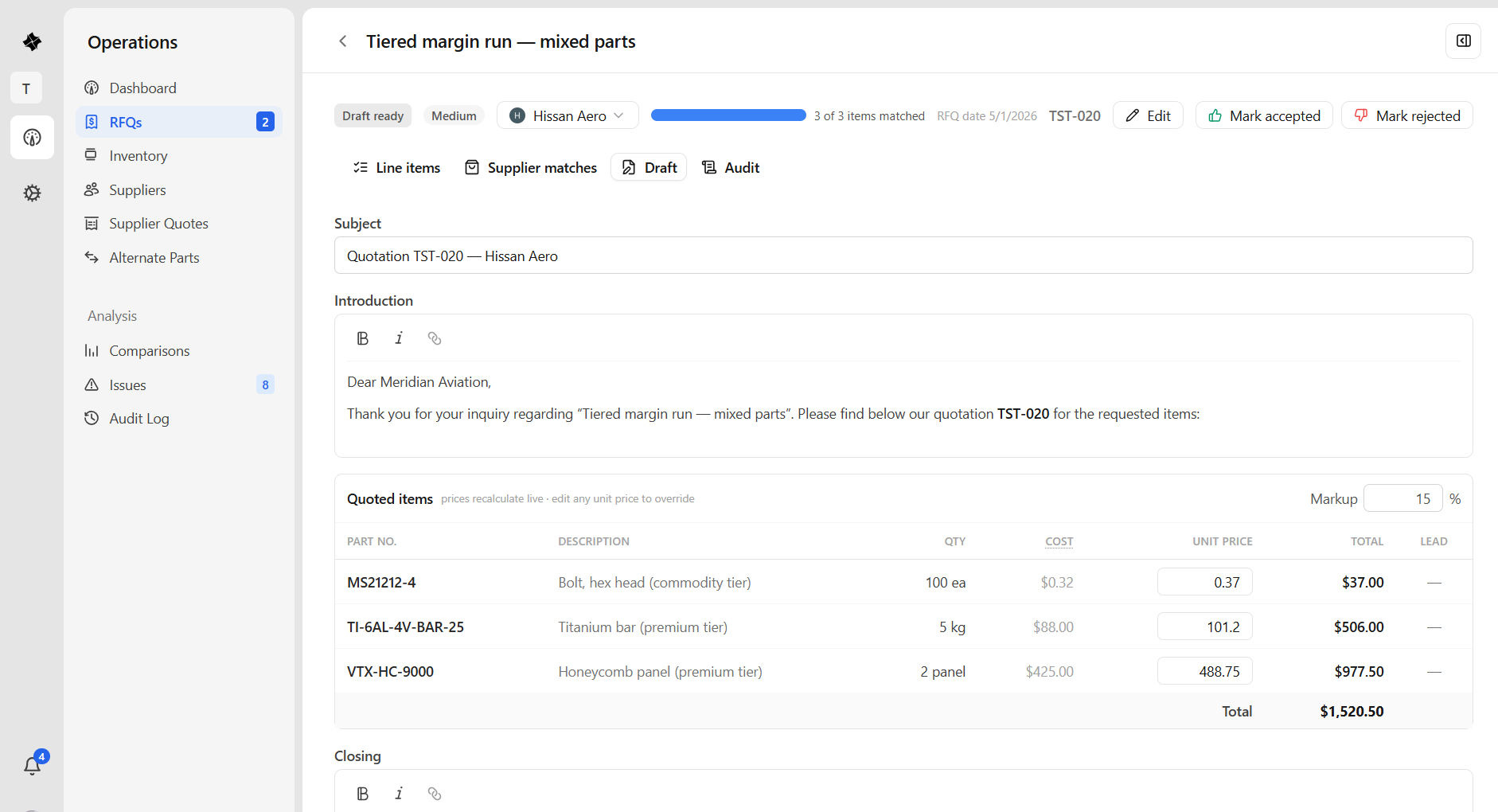 ZEEFAR Inbound RFQ Cockpit routed to desk broker Hissan Aero with 3 of 3 items matched